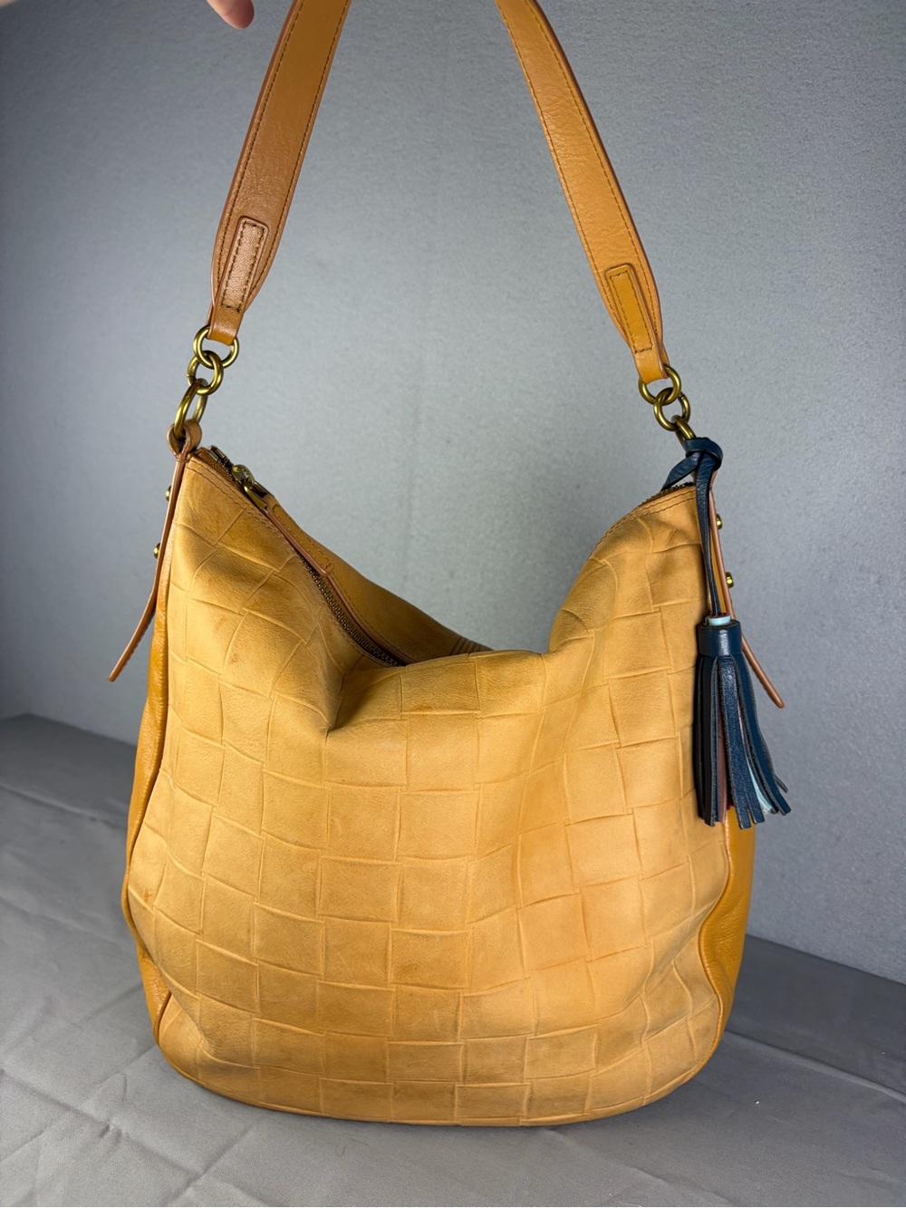 Fossil Jolie Woven Leather Hobo with Navy Tassel Accent